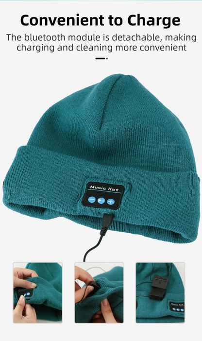 Green Removable LED Bluetooth Headphone Beanie - Washable Knit Hat with 3-Level LED Illumination & Stereo Sound, USB Rechargeable.