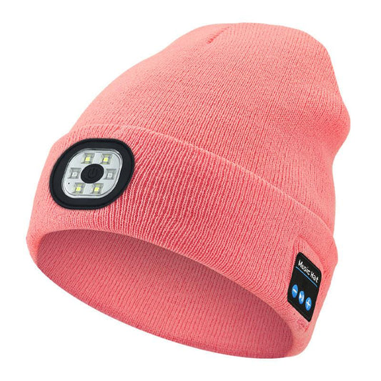 Pink Removable LED Bluetooth Headphone Beanie - Washable Knit Hat with 3-Level LED Illumination & Stereo Sound, USB Rechargeable.