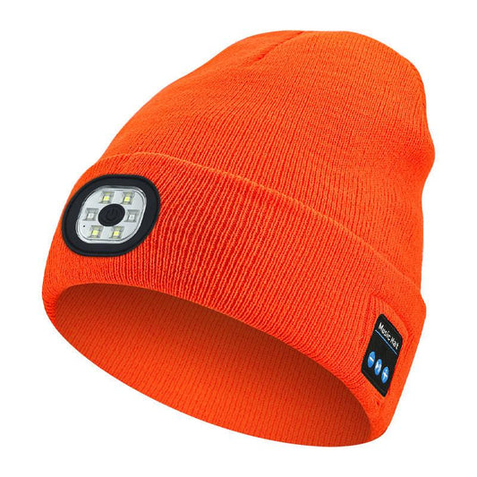 Orange Removable LED Bluetooth Headphone Beanie - Washable Knit Hat with 3-Level LED Illumination & Stereo Sound, USB Rechargeable.