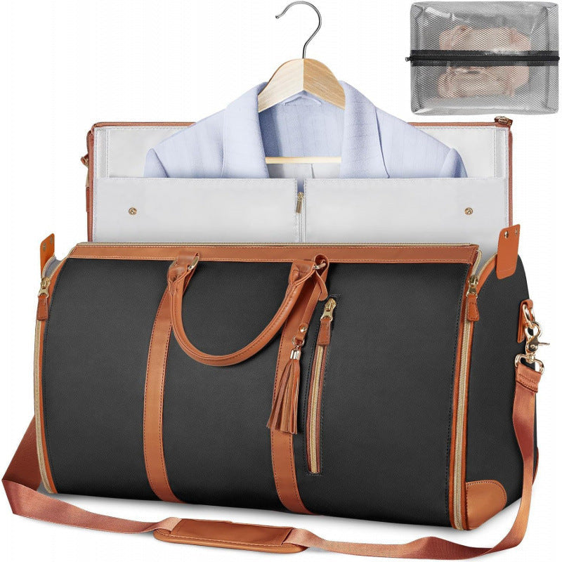 Black 56-75L Large Capacity Foldable Garment Duffel Bag with Shoe Pouch - PU Leather Convertible Suit Carrier, Anti-Wrinkle Travel & Weekender Bag