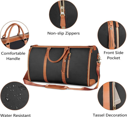 Black 56-75L Large Capacity Foldable Garment Duffel Bag with Shoe Pouch - PU Leather Convertible Suit Carrier, Anti-Wrinkle Travel & Weekender Bag