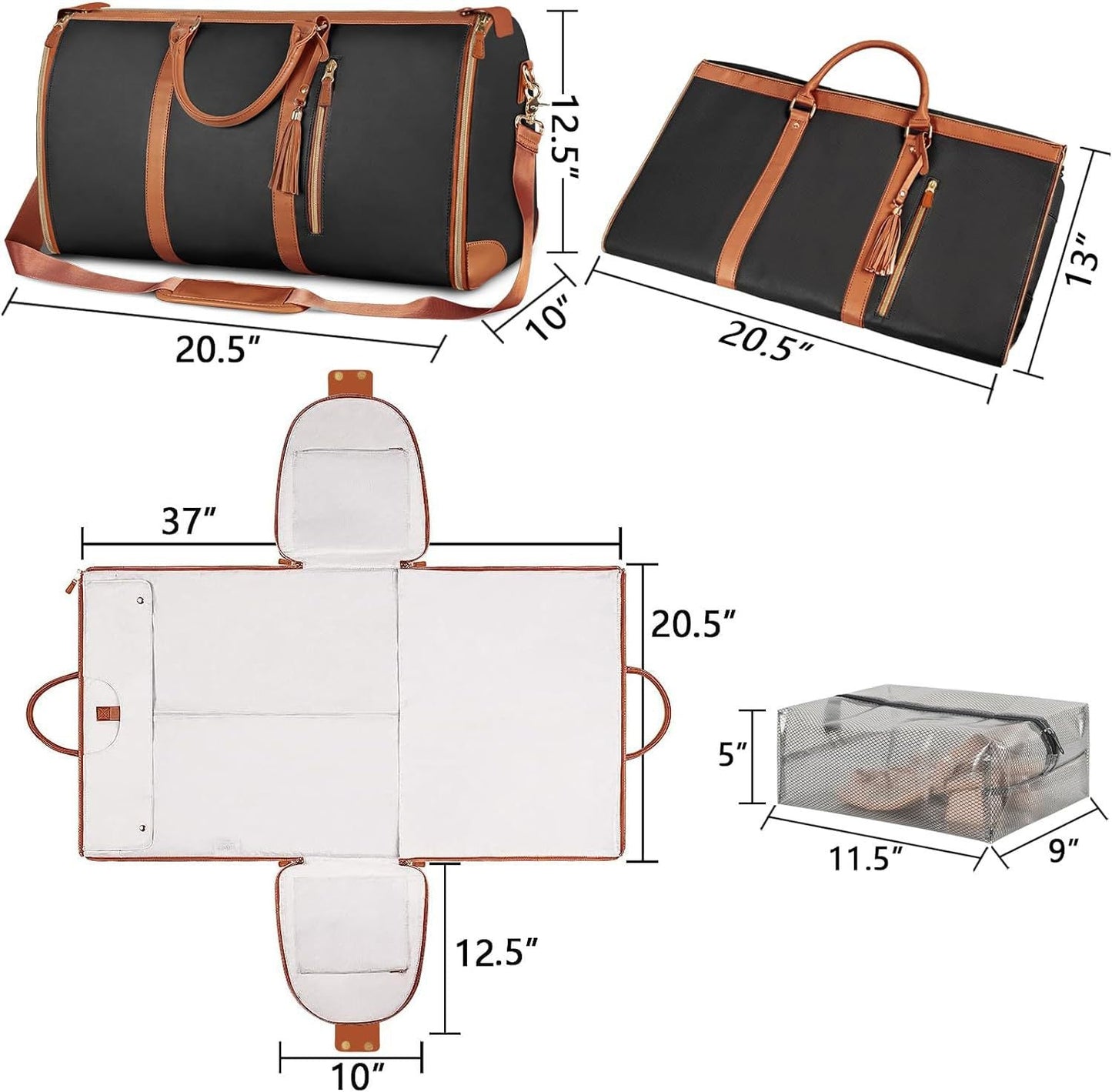 Black 56-75L Large Capacity Foldable Garment Duffel Bag with Shoe Pouch - PU Leather Convertible Suit Carrier, Anti-Wrinkle Travel & Weekender Bag