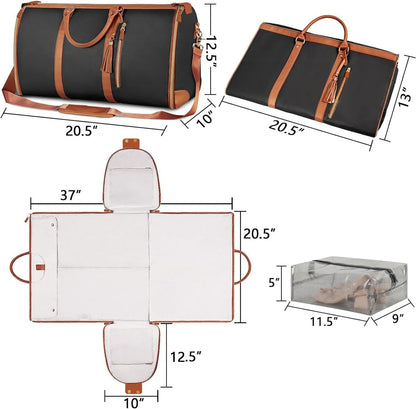 Black 56-75L Large Capacity Foldable Garment Duffel Bag with Shoe Pouch - PU Leather Convertible Suit Carrier, Anti-Wrinkle Travel & Weekender Bag