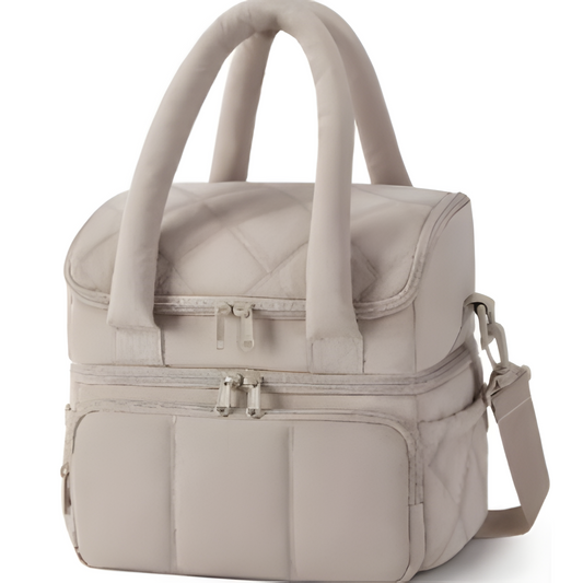 Camel Double-Layer Insulated Quilted Puffer Lunch Bag(10 x 7 x 10 inch) - Large Capacity Picnic Cooler Tote, Long-Lasting Hot/Cold Retention.