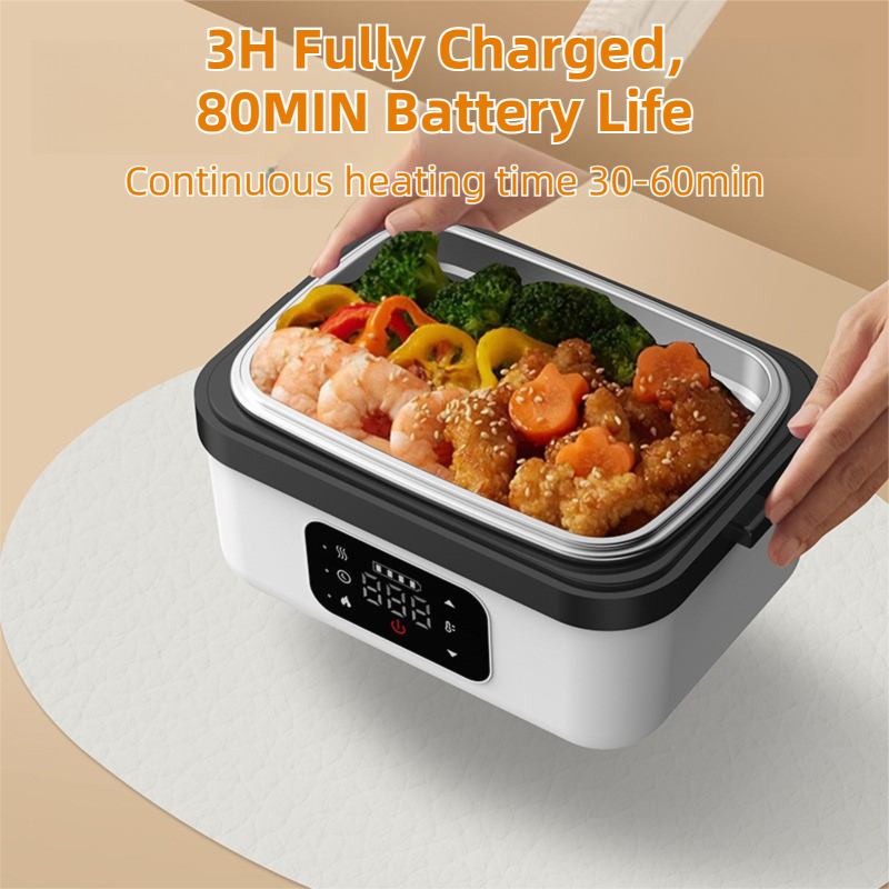 1L Black Cordless Waterless Heated Lunch Box - Portable 304 Stainless Steel Bento Box for Picnic Students Office Workers, Timed Insulation & USB Rechargeable.