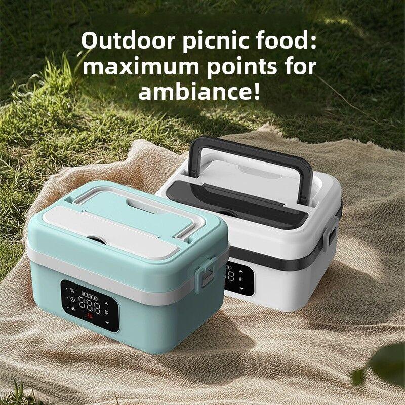 1L Black Cordless Waterless Heated Lunch Box - Portable 304 Stainless Steel Bento Box for Picnic Students Office Workers, Timed Insulation & USB Rechargeable.