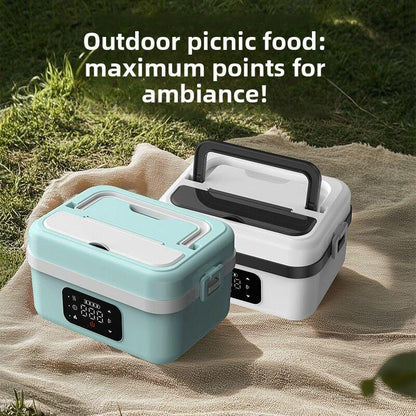 1L Black Cordless Waterless Heated Lunch Box - Portable 304 Stainless Steel Bento Box for Picnic Students Office Workers, Timed Insulation & USB Rechargeable.