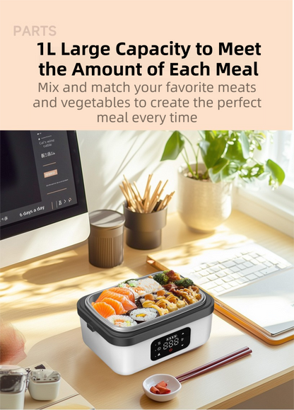 1L Black Cordless Waterless Heated Lunch Box - Portable 304 Stainless Steel Bento Box for Picnic Students Office Workers, Timed Insulation & USB Rechargeable.