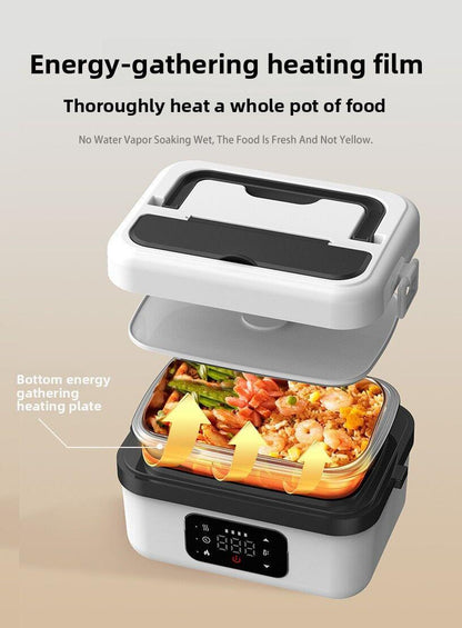 1L Black Cordless Waterless Heated Lunch Box - Portable 304 Stainless Steel Bento Box for Picnic Students Office Workers, Timed Insulation & USB Rechargeable.