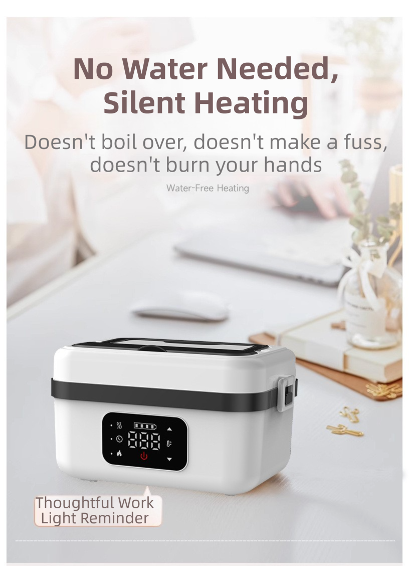 1L Black Cordless Waterless Heated Lunch Box - Portable 304 Stainless Steel Bento Box for Picnic Students Office Workers, Timed Insulation & USB Rechargeable.