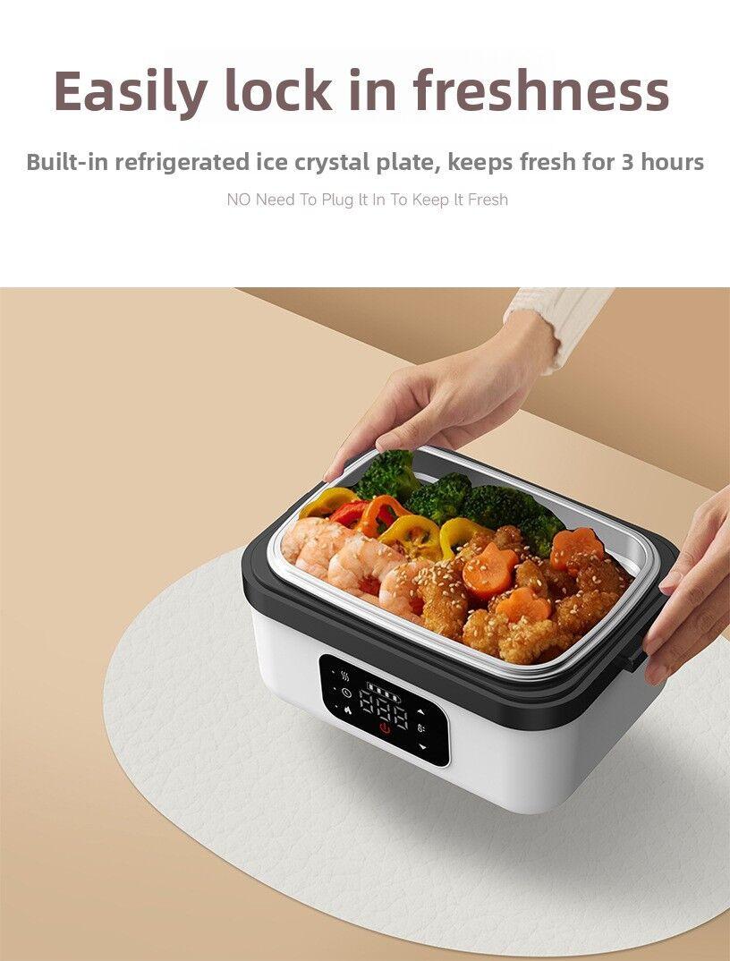 1L Black Cordless Waterless Heated Lunch Box - Portable 304 Stainless Steel Bento Box for Picnic Students Office Workers, Timed Insulation & USB Rechargeable.