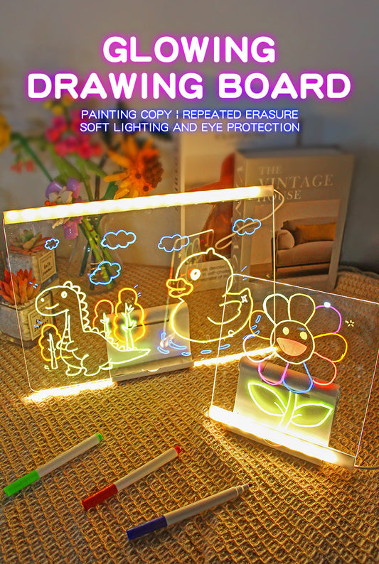 30x20CM LED Light-Up Tracing Doodle Board with 10 Brushes  - Erasable Fluorescent Drawing Tablet for Kids, Creative Painting, and Interactive Decoration/Gift.