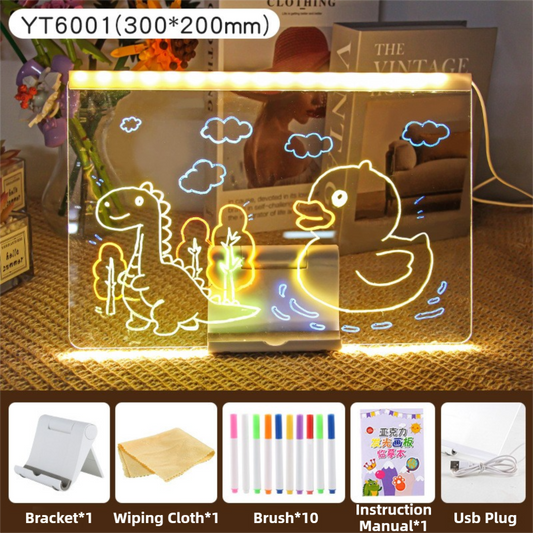 30x20CM LED Light-Up Tracing Doodle Board with 10 Brushes  - Erasable Fluorescent Drawing Tablet for Kids, Creative Painting, and Interactive Decoration/Gift.