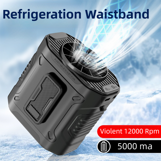 Black Portable Waist Fan - Construction Site Cooling Solution with 360Â° Turbo Ice Engine, 100 Speed Gears, and LED Light.