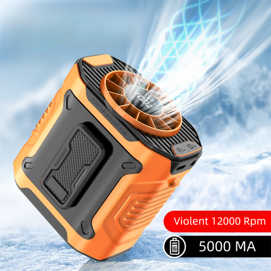 Orange Portable Waist Fan - Construction Site Cooling Solution with 360Â° Turbo Ice Engine, 100 Speed Gears, and LED Light.