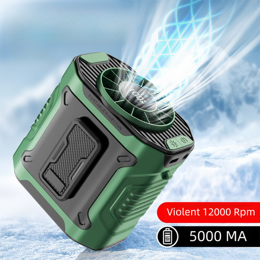 Dark Green Portable Waist Fan - Construction Site Cooling Solution with 360Â° Turbo Ice Engine, 100 Speed Gears, and LED Light.