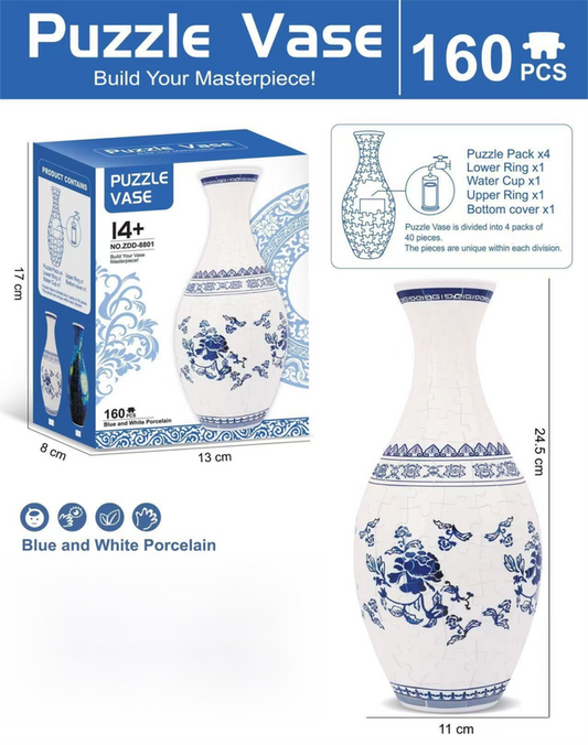 160 PCS Blue and White Porcelain 3D Puzzle Vase - DIY Interlocking Flower Vase Kit, Home Decorative and Toy Gift for Women.