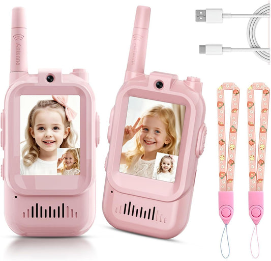 2-Pack Mini Wireless Video Intercom Set for Children(Pink) - Educational and Interactive Dual-Frequency Walkie Talkie Toy for Playtime.