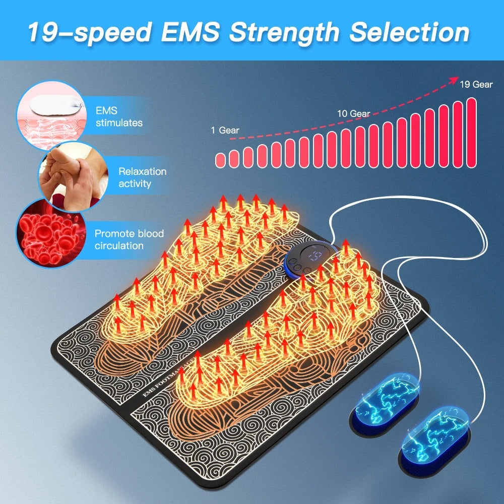 EMS Foot Massager Mat With 4 Adhesive Pads & Remote Control - Pulse Device for Foot Reflexology, Deep Tissue Massage, and Acupressure Stimulation