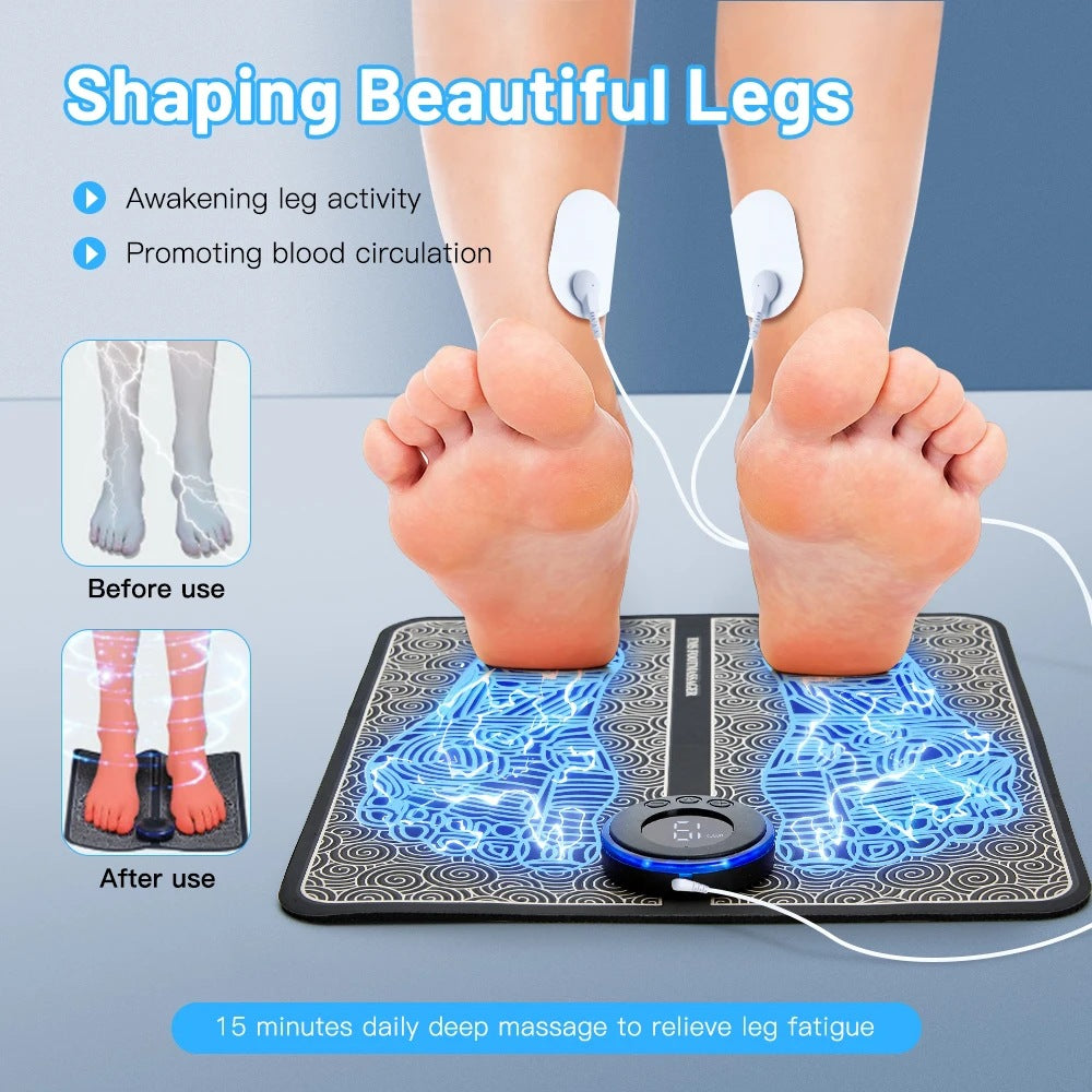 EMS Foot Massager Mat With 4 Adhesive Pads & Remote Control - Pulse Device for Foot Reflexology, Deep Tissue Massage, and Acupressure Stimulation