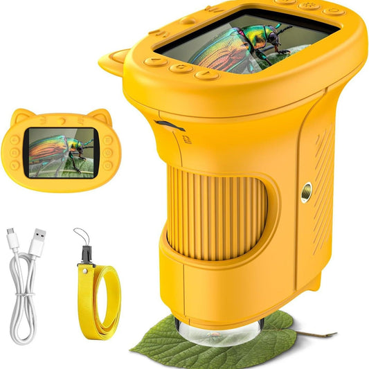 Yellow Kids Handheld Digital Microscope - 2.4-inch HD Portable Magnifier with 1000x Magnification, 2MP Camera, and Built-in Storage & LED.