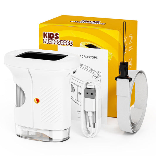 White Kids Handheld Digital Microscope - 2.4-inch HD Portable Magnifier with 1000x Magnification, 2MP Camera, and Built-in Storage & LED.