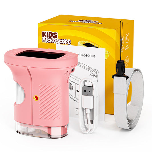 Pink Kids Handheld Digital Microscope - 2.4-inch HD Portable Magnifier with 1000x Magnification, 2MP Camera, and Built-in Storage & LED.