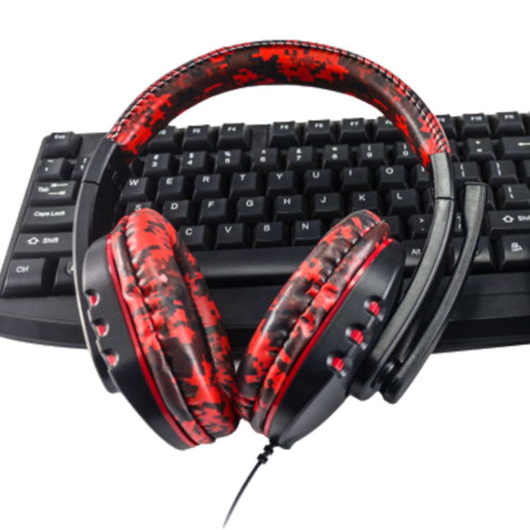 Camouflage Red Over-Ear Wired Gaming Headset with Microphone - Direct Plug-in E-Sports Headphones for PC, Console & Mobile Gaming.