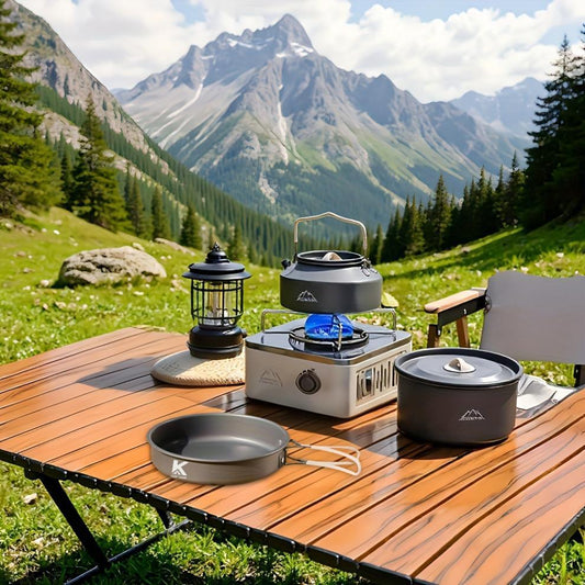 Portable & Foldable Outdoor Cookware Set - Lightweight Camping Pot, Pan, Kettle & Tableware for Hiking, Backpacking, and Travel.
