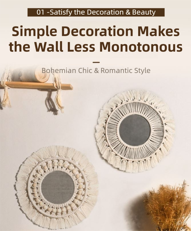 M0404 Bohemian Macrame Wall Hanging Mirror with Hand-Woven Petal Accents - Artistic Round Fringe Mirror for Home Decor