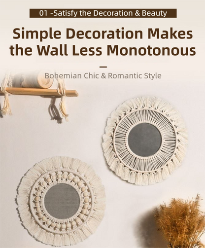 M0404 Bohemian Macrame Wall Hanging Mirror with Hand-Woven Petal Accents - Artistic Round Fringe Mirror for Home Decor
