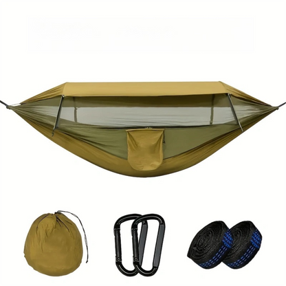 290 x 140CM Professional Nylon Hammock with Integrated Mosquito Net & Sunshade - 2-Person  Anti-Rollover Camping Swing with Heavy-Duty Installation Kit (Dark Green)