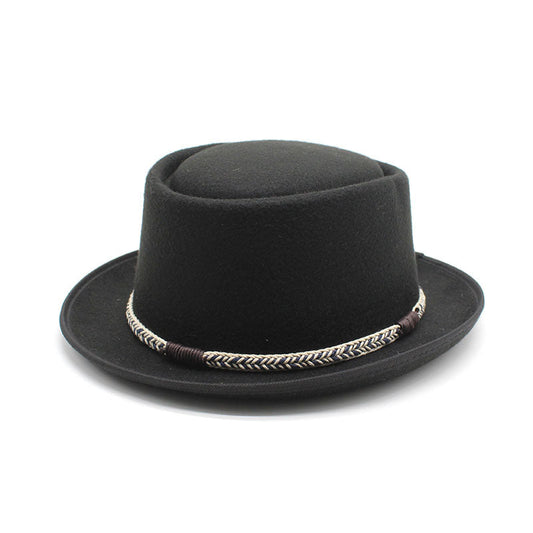 Black Unisex Stylish Pure Woolen Short-Brimmed Fedora - Classic British Gentleman's Fedora with Curled Brim and Dimpled Top