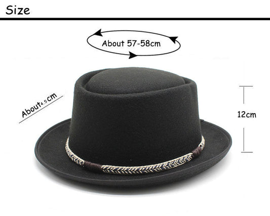 Black Unisex Stylish Pure Woolen Short-Brimmed Fedora - Classic British Gentleman's Fedora with Curled Brim and Dimpled Top