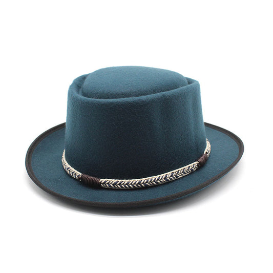 Peacock Blue Unisex Stylish Pure Woolen Short-Brimmed Fedora - Classic British Gentleman's Fedora with Curled Brim and Dimpled Top
