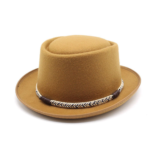 Khaki Unisex Stylish Pure Woolen Short-Brimmed Fedora - Classic British Gentleman's Fedora with Curled Brim and Dimpled Top