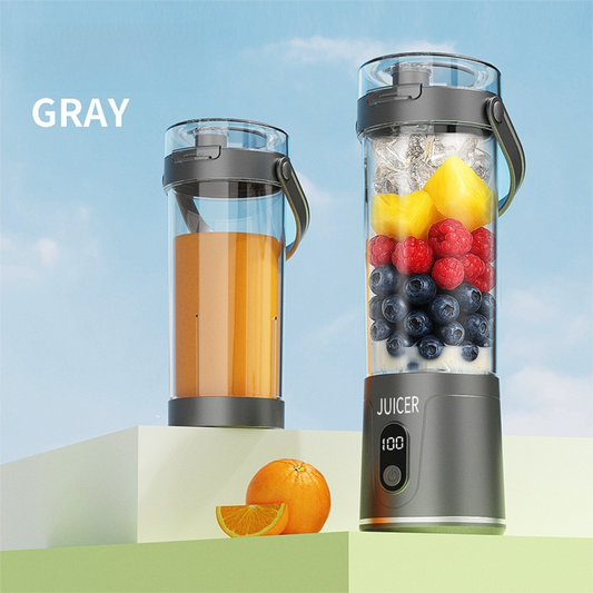 Gray Portable 600ml Wireless Juicer Blender with 12-Leaf Blades - 20,000 RPM High-Speed Smoothie Maker & Self-Cleaning Personal Blender for Travel and Home.