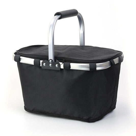 Black Foldable Insulated Picnic Basket With Zipper Lid & Handle - Modern Minimalist Large Capacity Thermal Shopping Basket for Grocery, Camping, and Meal Delivery.