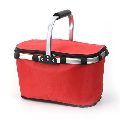 Red Foldable Insulated Picnic Basket With Zipper Lid & Handle - Modern Minimalist Large Capacity Thermal Shopping Basket for Grocery, Camping, and Meal Delivery.