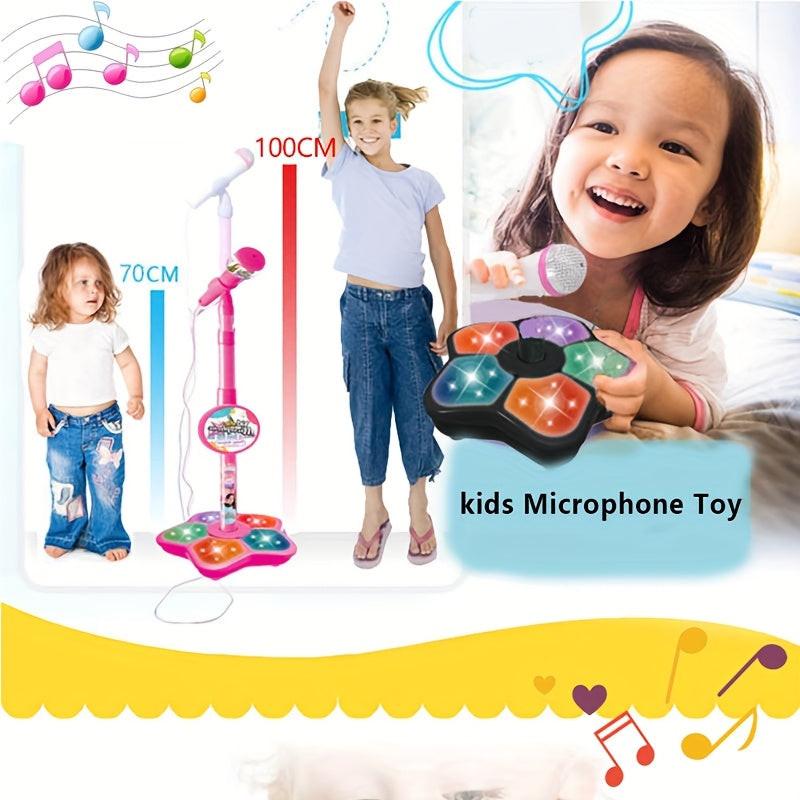 Kids Black Karaoke Microphone & Adjustable Stand Toy - Portable Singing Machine Educational Musical Toy, Connects to Smartphones for MP3 Music Playback.