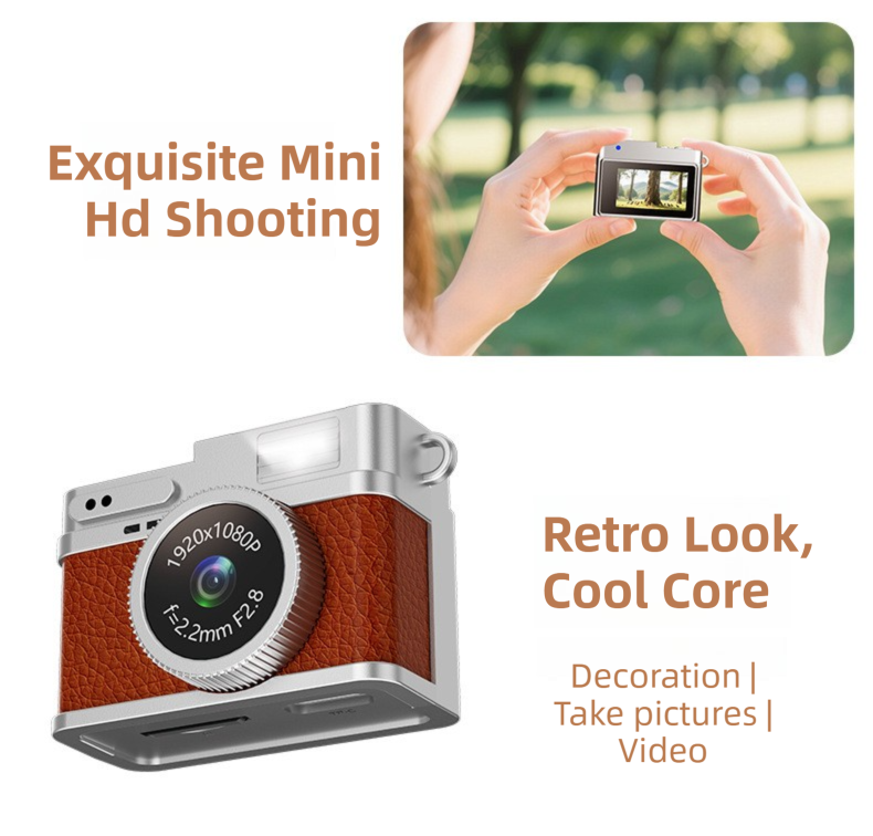 Retro Style Ultra-Mini Thumb Cam for Vlogging (White) - Portable Digital Photo & Video Recorder with 32GB Memory Card & 0.96" Screen, Free Wearable Keychain & Necklace.