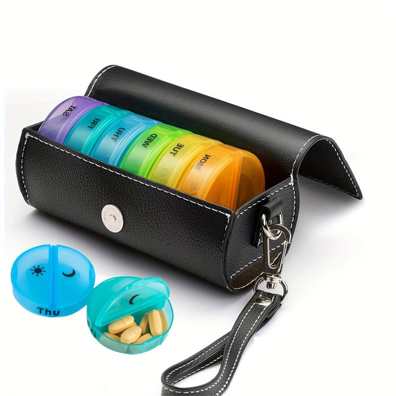 Portable 7-Day Weekly Travel Pill Organizer with Black PU Leather Pouch - 14 Black Compartments AM/PM Medication Planner, Dustproof & Light-Shielding