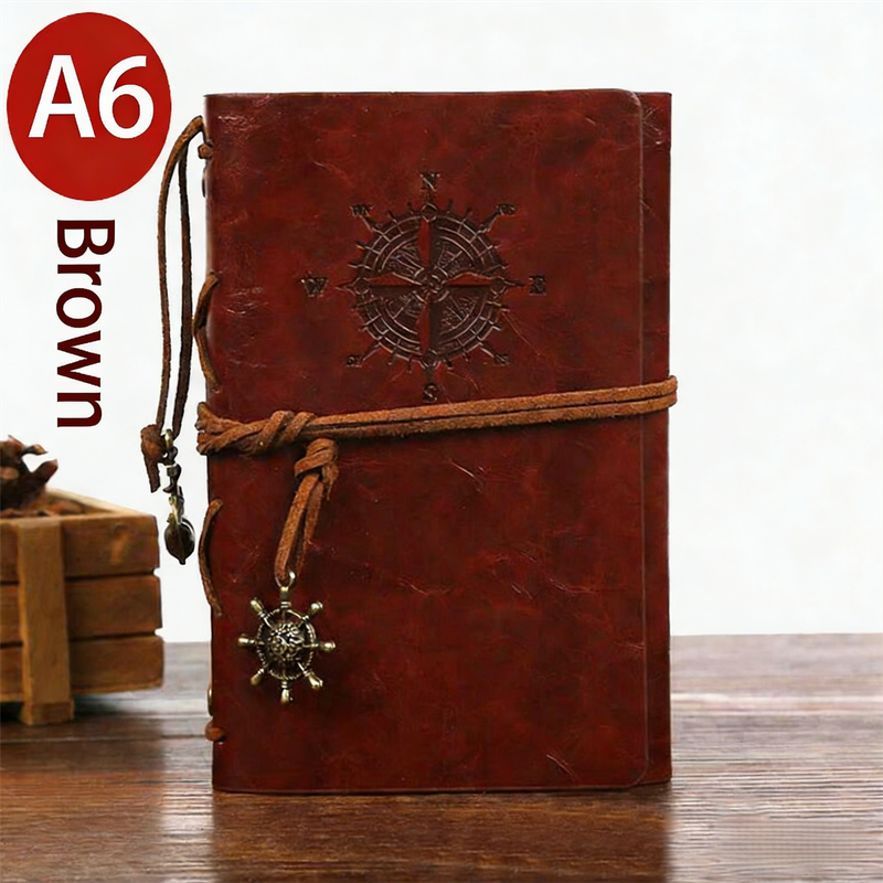 2-Pack A6 Nautical Vintage PU Leather Student Notebook - Pirate Style Strapped Diary with 150 Pages of Refillable Kraft Paper(Brown).