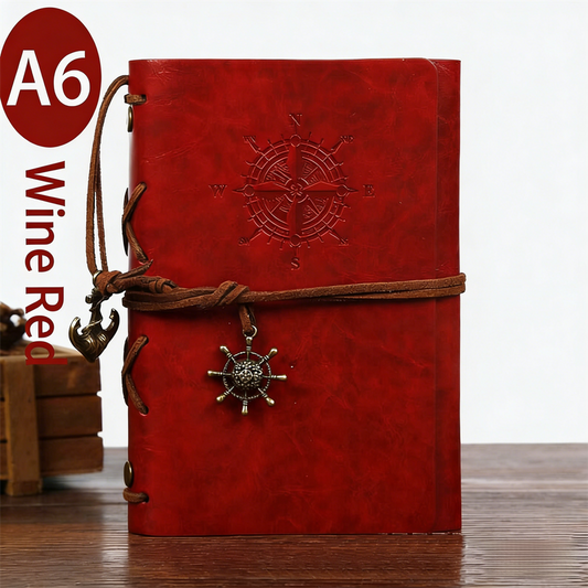 2-Pack A6 Nautical Vintage PU Leather Student Notebook - Pirate Style Strapped Diary with 150 Pages of Refillable Kraft Paper(Wine Red).