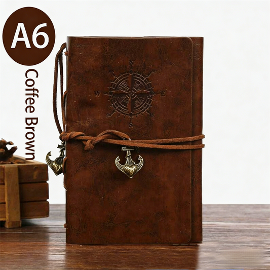 2-Pack A6 Nautical Vintage PU Leather Student Notebook - Pirate Style Strapped Diary with 150 Pages of Refillable Kraft Paper(Coffee Brown).