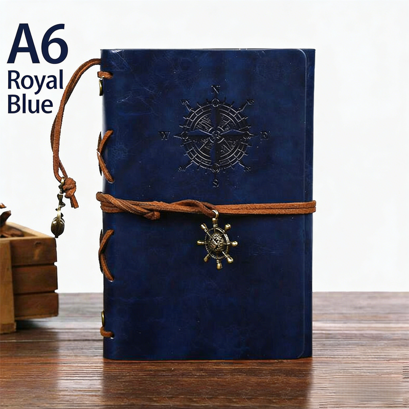 2-Pack A6 Nautical Vintage PU Leather Student Notebook - Pirate Style Strapped Diary with 150 Pages of Refillable Kraft Paper(Royal Blue).