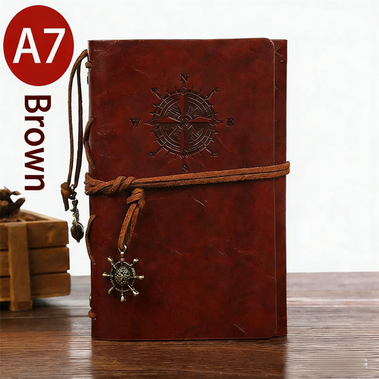 2-Pack A7 Nautical Vintage PU Leather Student Notebook - Pirate Style Strapped Diary with 150 Pages of Refillable Kraft Paper(Brown).