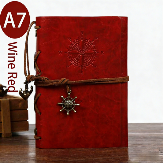 2-Pack A7 Nautical Vintage PU Leather Student Notebook - Pirate Style Strapped Diary with 150 Pages of Refillable Kraft Paper(Wine Red).
