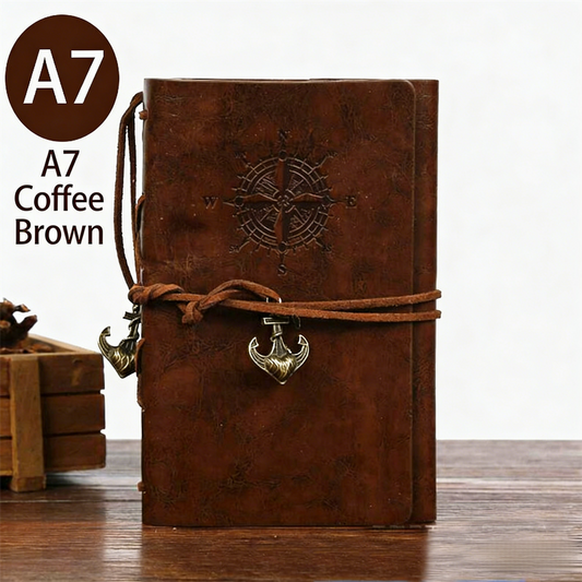 2-Pack A7 Nautical Vintage PU Leather Student Notebook - Pirate Style Strapped Diary with 150 Pages of Refillable Kraft Paper(Coffee Brown).
