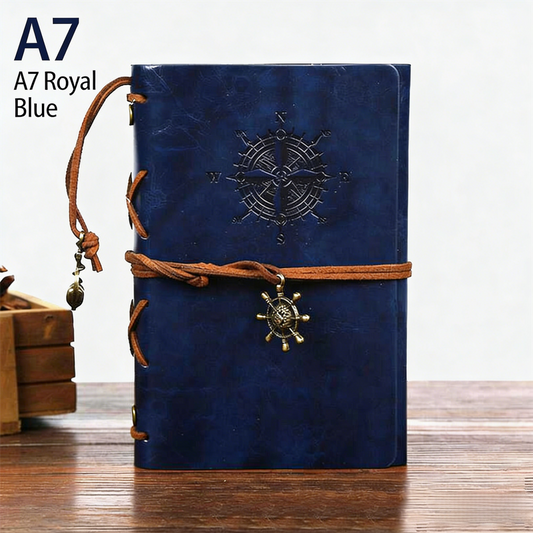 2-Pack A7 Nautical Vintage PU Leather Student Notebook - Pirate Style Strapped Diary with 150 Pages of Refillable Kraft Paper(Royal Blue).